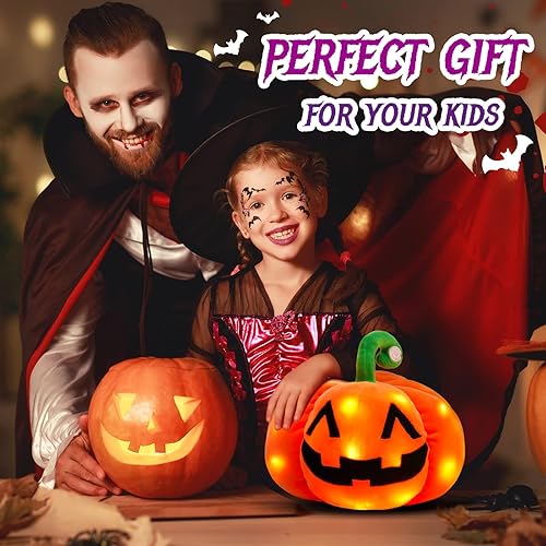 Miniatura 5 de Athoinsu Peluche de calabaza de Halloween con luz LED brillante, luz nocturna esponjosa, suave, fantasma Jack O Lantern, juguete de peluche, regalos