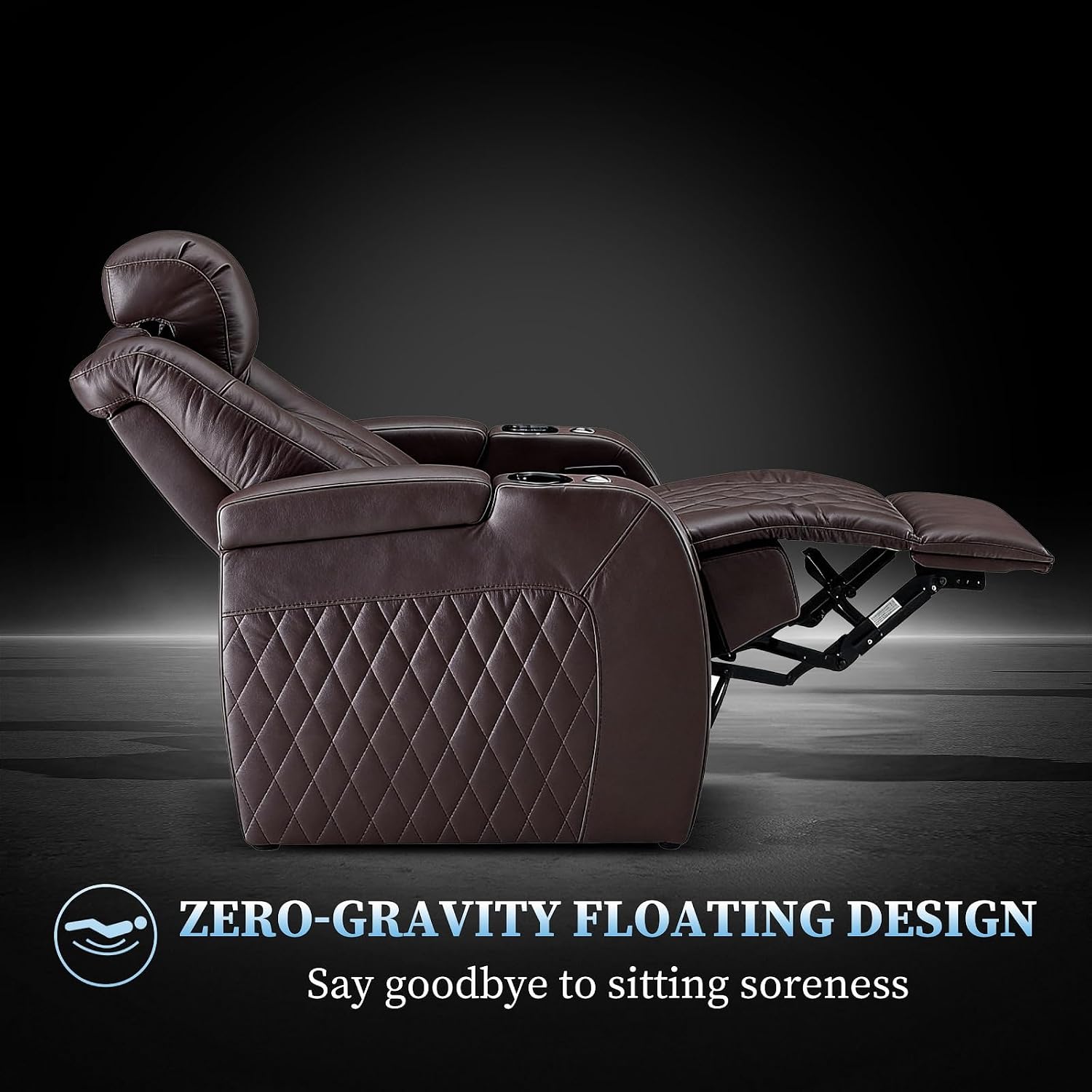 PBRO Home Theater Seating Genuine Leather Recliner Chair, Power Reclining & Headrest, USB A/C Charging Ports, Tray Table, Cup Holder Ambient Lighting Brown Row of 3 Loveseat Left