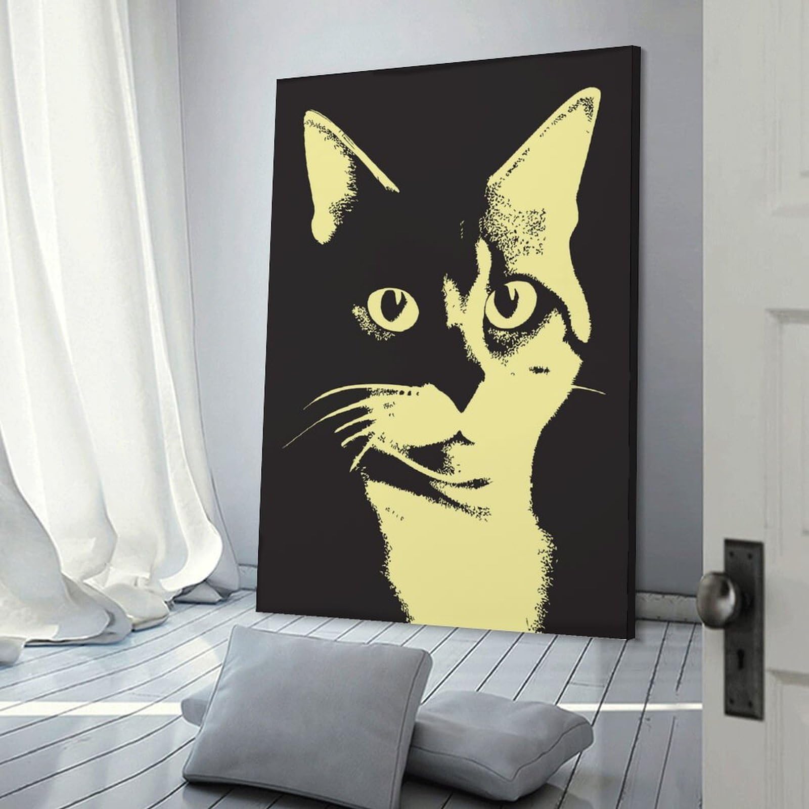 Junmoney Room Decor Wall Art Monochrome Cat Portrait, 08x12inch(20x30cm), for Wall Displays, Bedrooms Or Room Updates, A Versatile Canvas Print for Layering