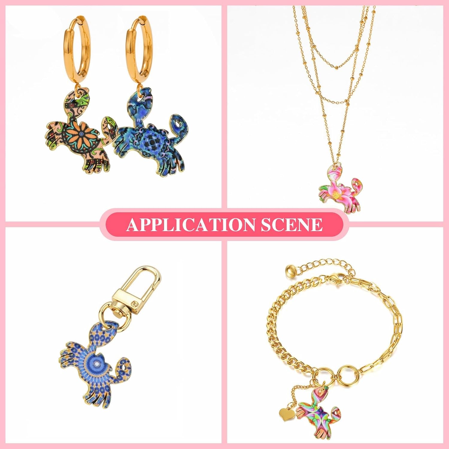 LiQunSweet 40 Pcs 8 Styles Crab with Flower Printed Alloy Charms Ocean Sea Animals with Floral Charms for DIY Jewelry Craft Decoration Keychain - Image 6