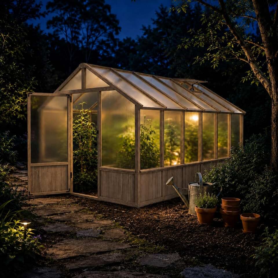 8x12 FT Wooden Outdoor Greenhouse, Polycarbonate Walk-in Greenhouse Kit with Ventilated Window & Lockable Door, Garden Green House for Backyard