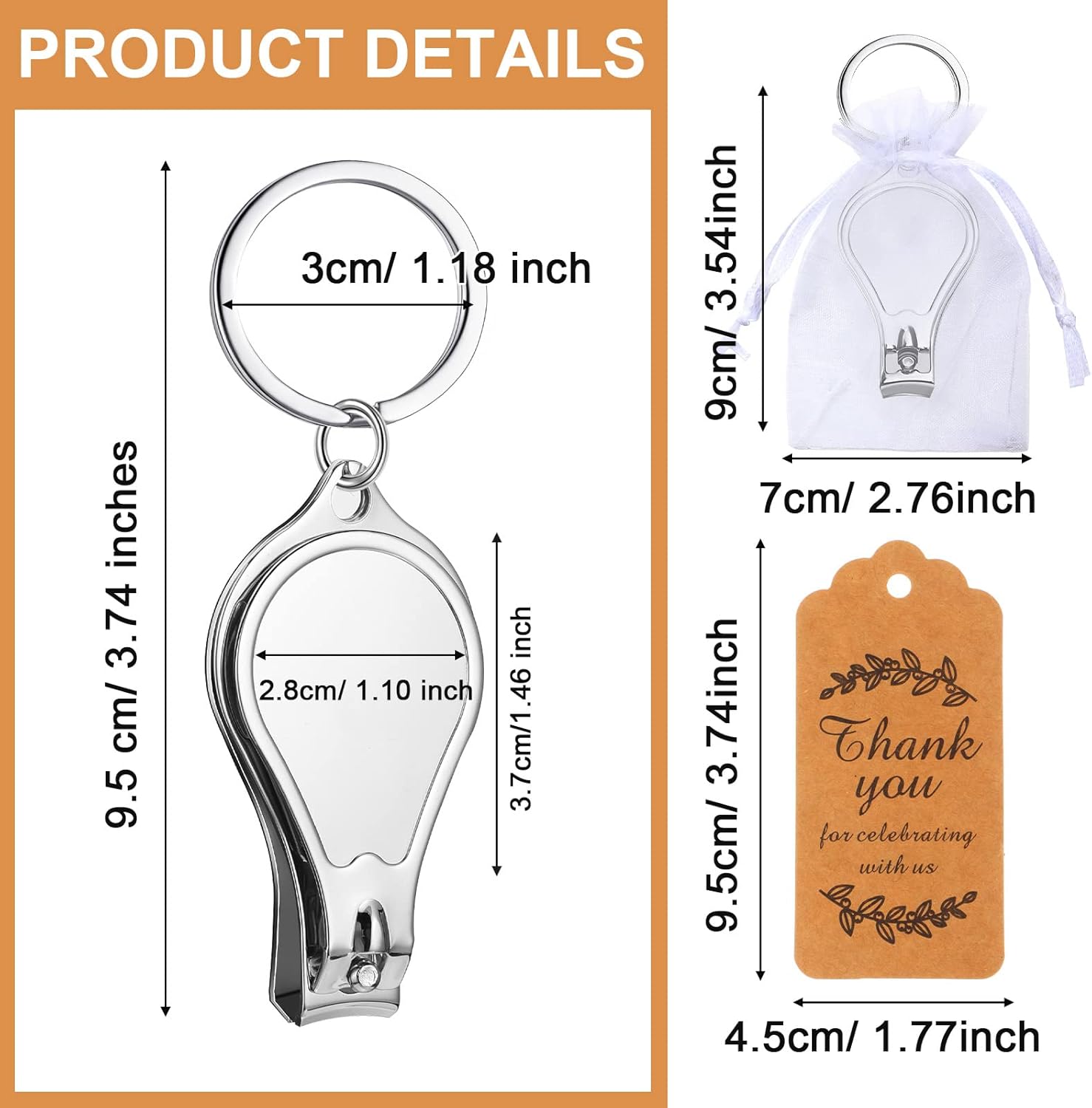 Cunno 30 Set Nail Clipper Keychain Multi Function Nail Clipper Bottle Opener Keychain with Tag Cards Organza Bags for Party Wedding Favor Souvenirs Guest Gift