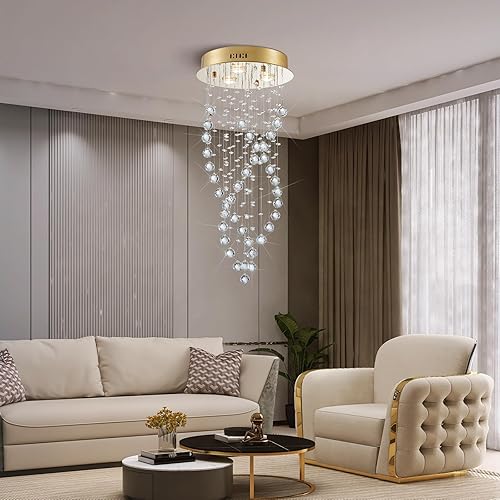 Miniatura 7 de Lámpara de araña de 3 luces con forma de gota de lluvia moderna de bola de cristal en espiral dorada lámpara de montaje empotrado lámpara de techo