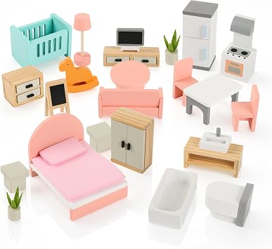Wooden Dollhouse Furniture Set,Miniature Doll Furniture Accessories with 5 Rooms,for Kitchen, Living Room, Bedroom, Bathroom, Babyroom,Pretend Play Furniture for Toddlers 3 4 5 6 Years Old