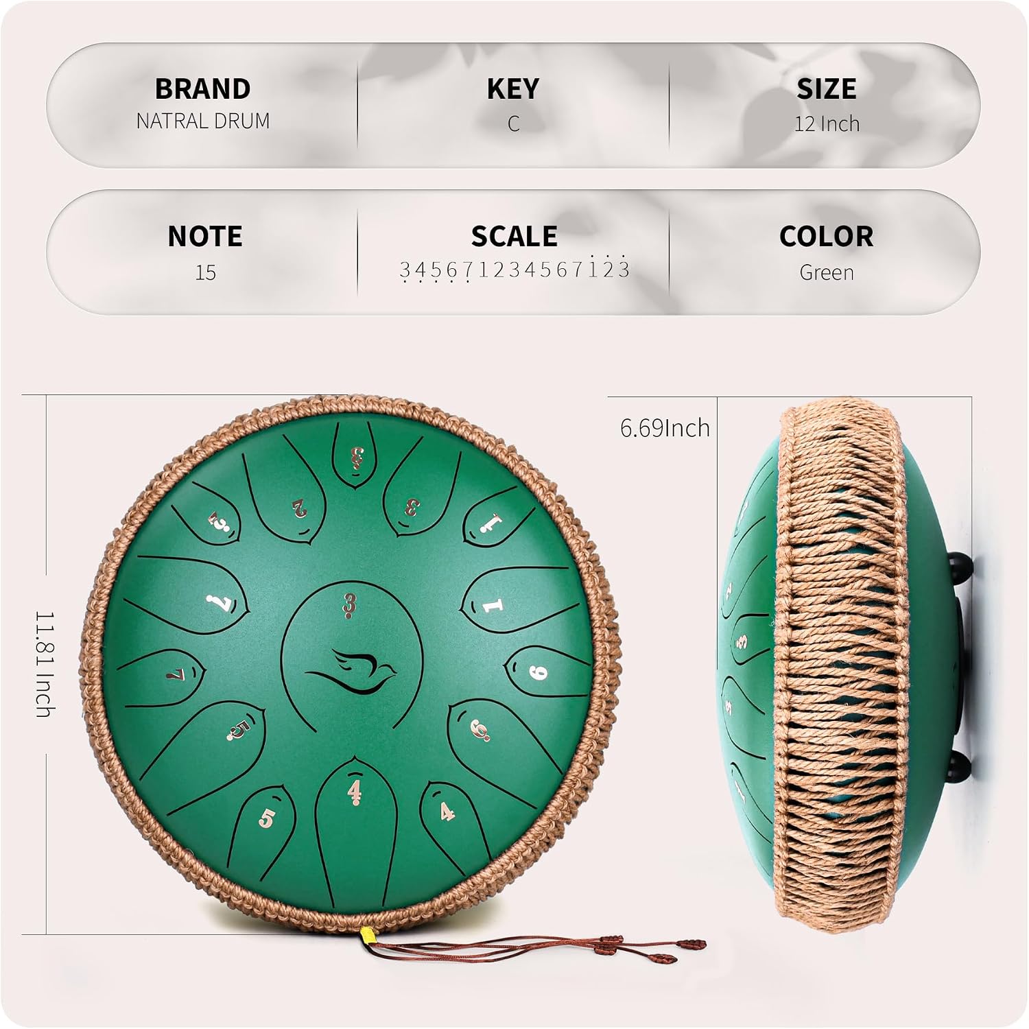 Steel Tongue Drum, 12 Inch 15 Note Tongue Drums, Handpan Drums Percussion Instrument for Kids & Adults, Hand Pan Drum with Music Book, Drum Mallets and Carry Bag, Major C (Green)