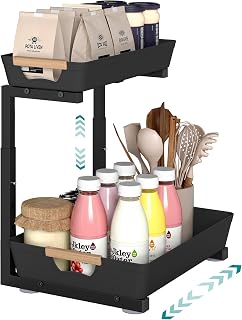 SONGMICS L-Shaped Sink Organizer, Extendable Shelf with 2 Tiers | Under Sink Storage for Kitchen Adjustable Height, 40 x 29.5 x 41.5 cm, Ink Black, GLORA Collection KCS217B101