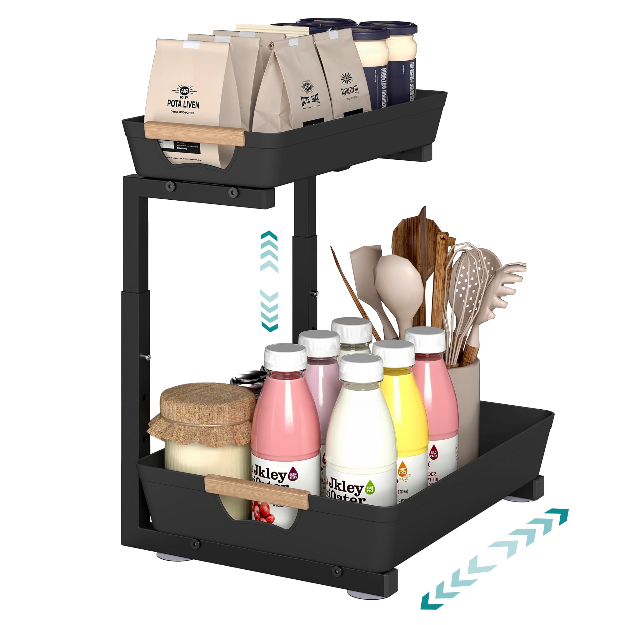 SONGMICS Under Sink Organiser, 2-Tier Kitchen Storage with Sliding Drawer, Kitchen and Bathroom Under Sink Shelf with Hooks, Cupboard Organiser, 40 x 29.5 x 41.5 cm, Ink Black KCS217B101