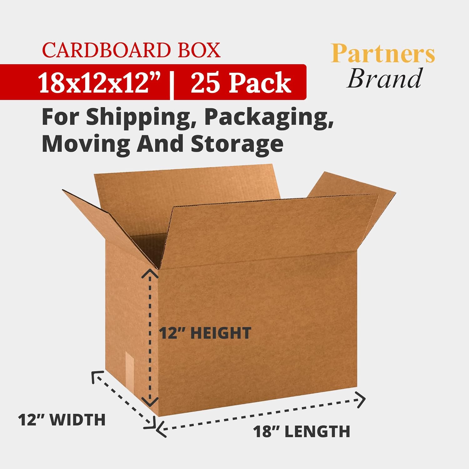partners brand 18 x 12 x 12 corrugated cardboard boxes, medium 18"l x 12"w x 12"h, pack of 25 | shipping, packaging, moving, storage box for home or business, strong wholesale bulk boxes