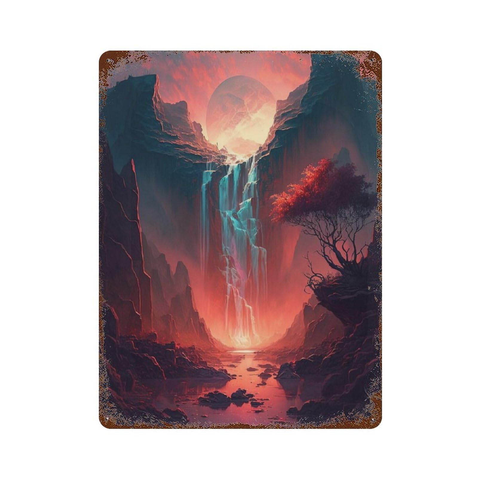Garage Style Volcanic Waterfall Sunset Aged Metal Wall Plaque 15.7"x11.8", Novelty Wall Decor for Bar And Workshop