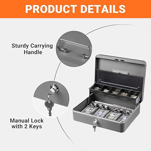 Miniatura 2 de Tera Caja de efectivo antirrobo - con bandeja de dinero resistente y cerradura de llave 4 billetes 5 monedas bandeja interior 11.8 "x 9.4" x 3.5"