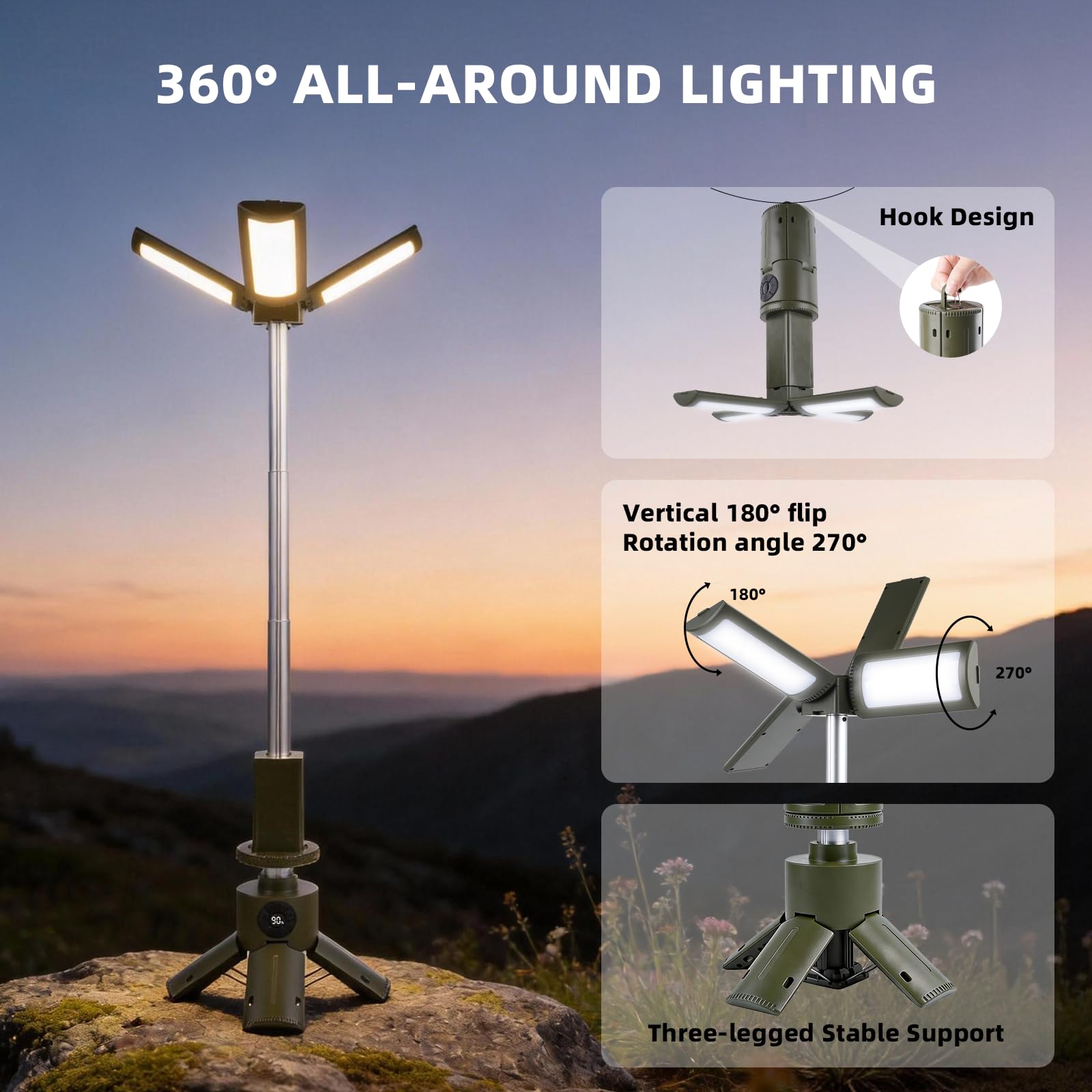 aiGear Lampes de camping télescopiques, lampes de camping rechargeables avec support 14 000 mAh, lanternes de camping pliables, lampes de poche portables IPX5 étanches pour camping, randonnée, pêche