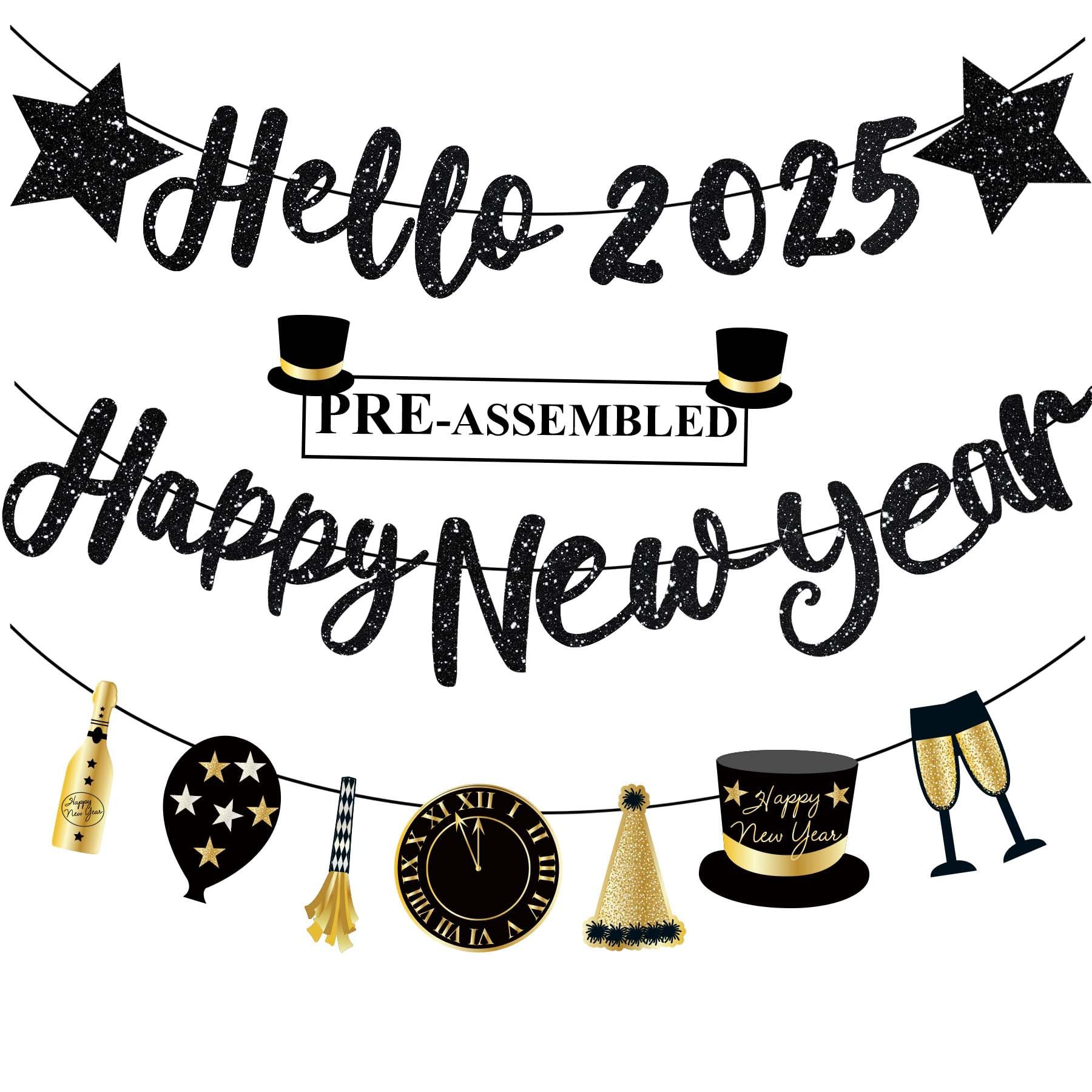 Happy New Year 2025 Glitter Pre-Strung 'Hello 2025' & New Year Eve Banner for Decorations NYE Party Supplies
