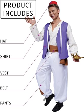 Maxim Party Supplies Mens Arabian Moroccan Fez Costume for Adults Includes Hat, Shirt, Vest, Belt, Pants