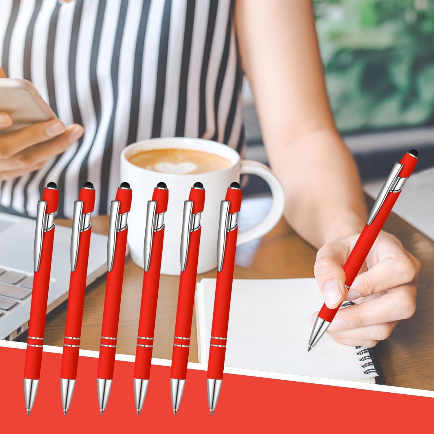 Lot de 50 stylos à bille bleus avec stylet 2 en 1 pour écrans tactiles, stylo de remerciement 2 en 1 pour collègues, collègues, bureau (rouge)