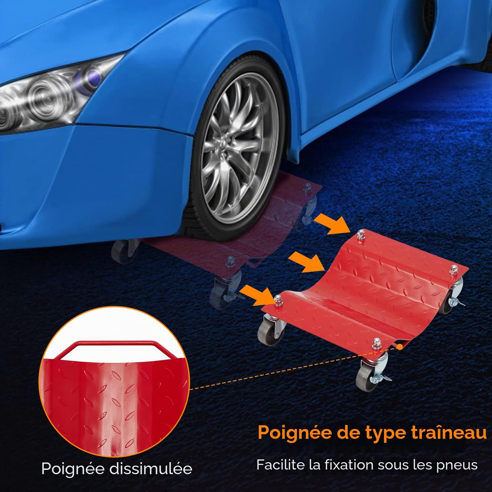 Lot de 4 Roues de Chariot à pneus Portables Robustes pour Voiture - roulettes de 4000 Livres - Déplacement Facile d'une Voiture - Roue rotative à 360 degrés
