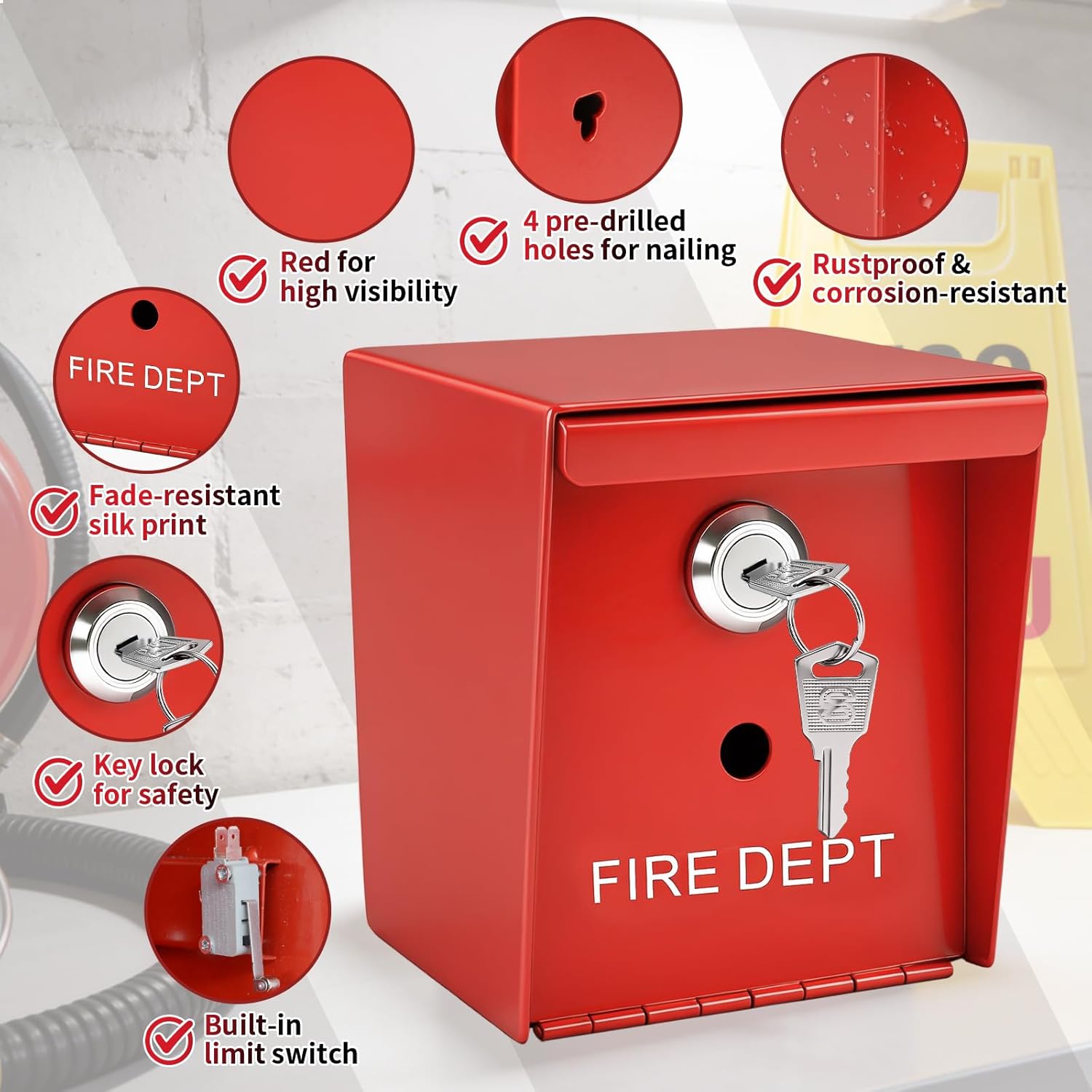 Fire Department Lock Box, Red Heavy Duty Steel Fire Lock Box, Wall-Mounted with 2 Keys for Home, Office & First Responders