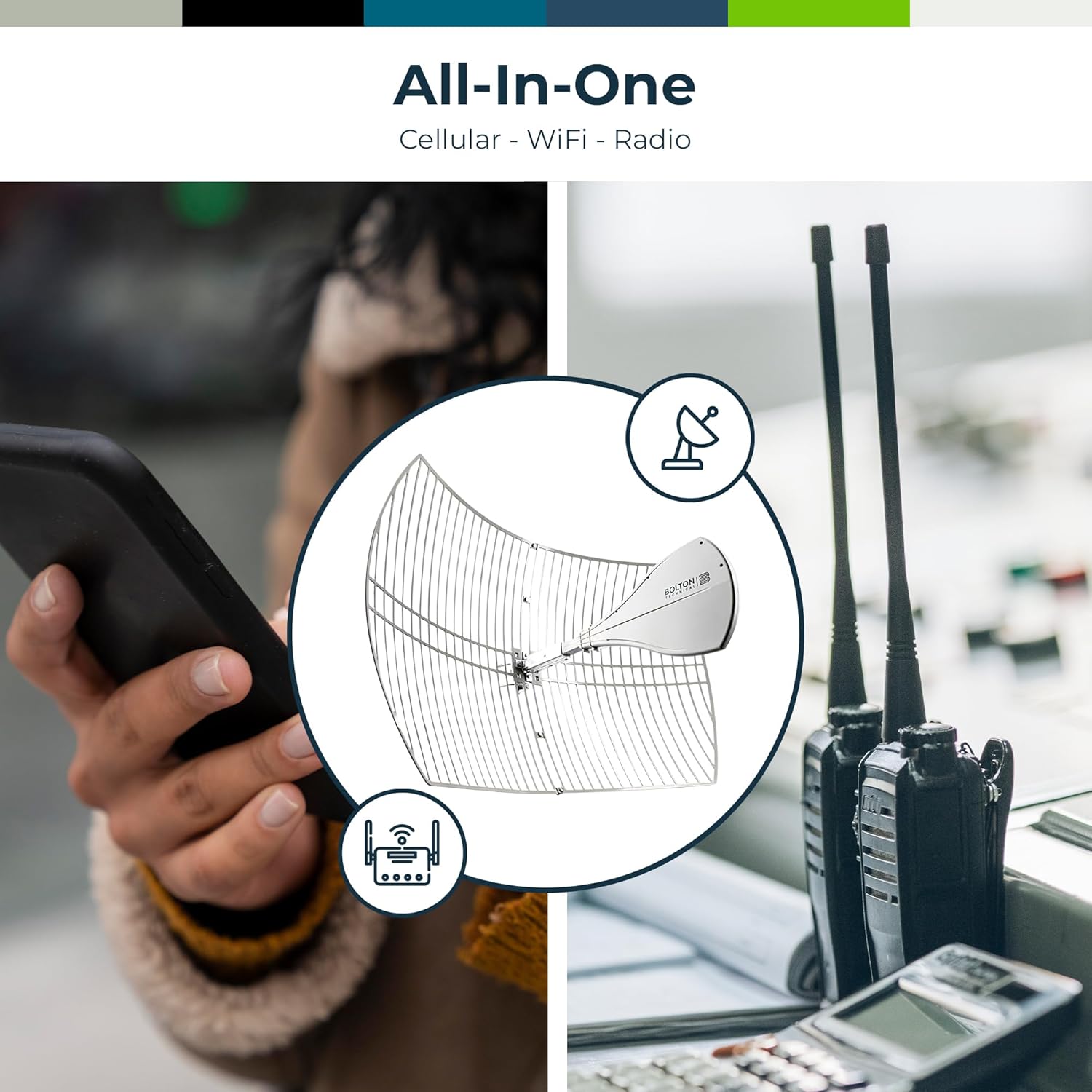 Bolton Technical Long Ranger Antenna (BT974822) | Parabolic - Over 20 Miles Range | All Cell Bands: 5G, 4G, LTE | WiFi 2.4/5 GHz WiFi 6 | High Gain Cellular/WiFi Antenna up to +28 dB | All Carriers