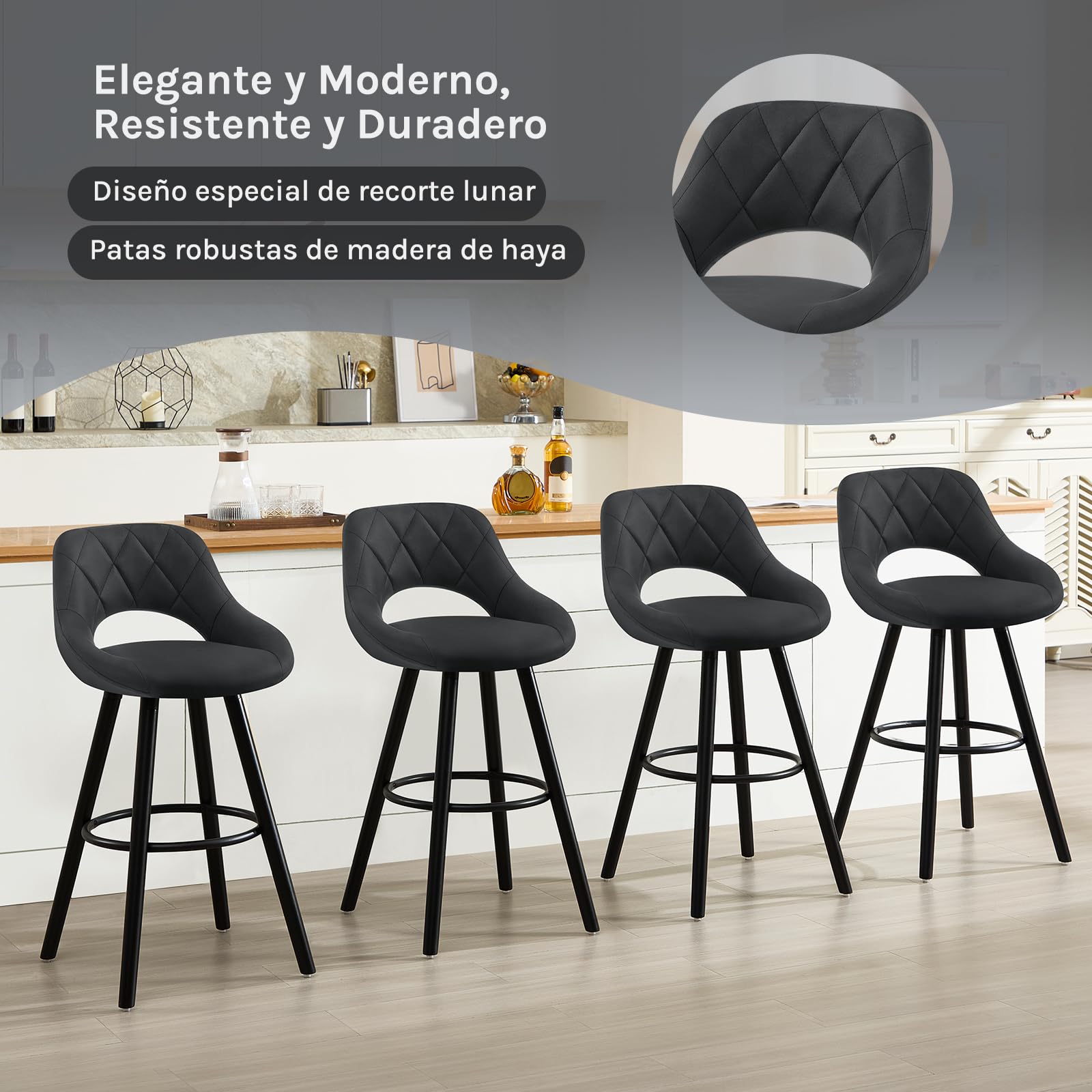 WOLTU Taburete Cocina Alto con Respaldo Ahuecado y Reposapiés, para Bistro, Cafeteria y Cocina, con Funda de Tela Sintética y Patas de Madera, Antracita