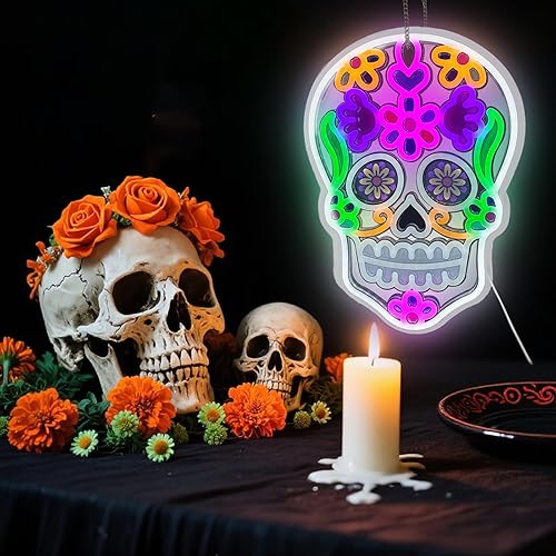 Miniatura 6 de Letrero de neón del Día de los Muertos, decoración de Halloween, letrero LED de calavera para decoración de pared, letrero de neón de fiesta para