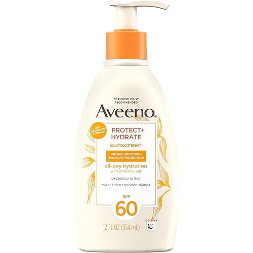 Aveeno Protect + Hydrate Sunscreen Moisturizing Body Lotion with Broad Spectrum SPF 60 and Prebiotic Oat, Weightless, Paraben, Oxybenzone, and Oil Free Sunscreen, 12 FL OZ