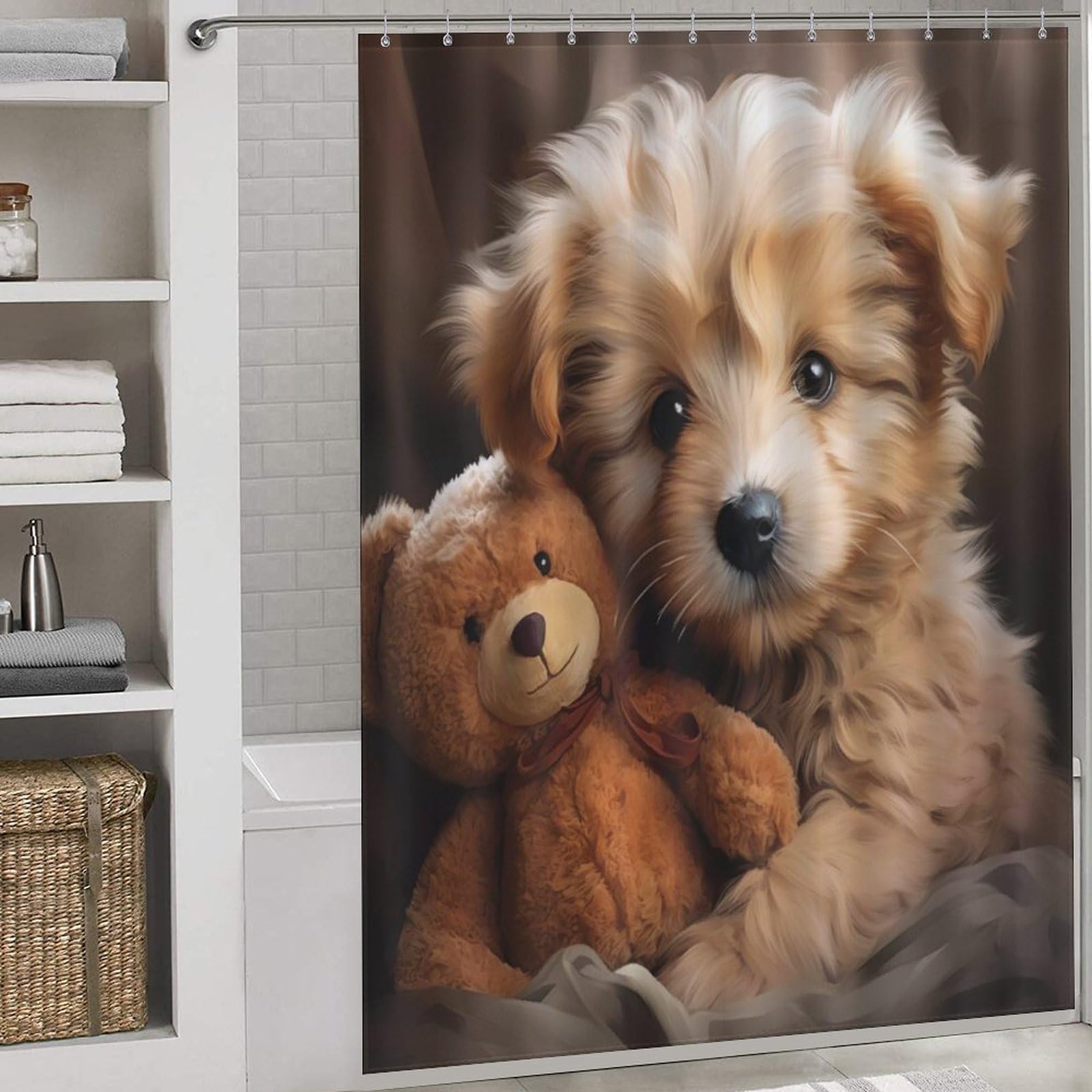 Rideau de douche chien mignon 168x183 cm en tissu polyester imperméable et lavable avec crochets