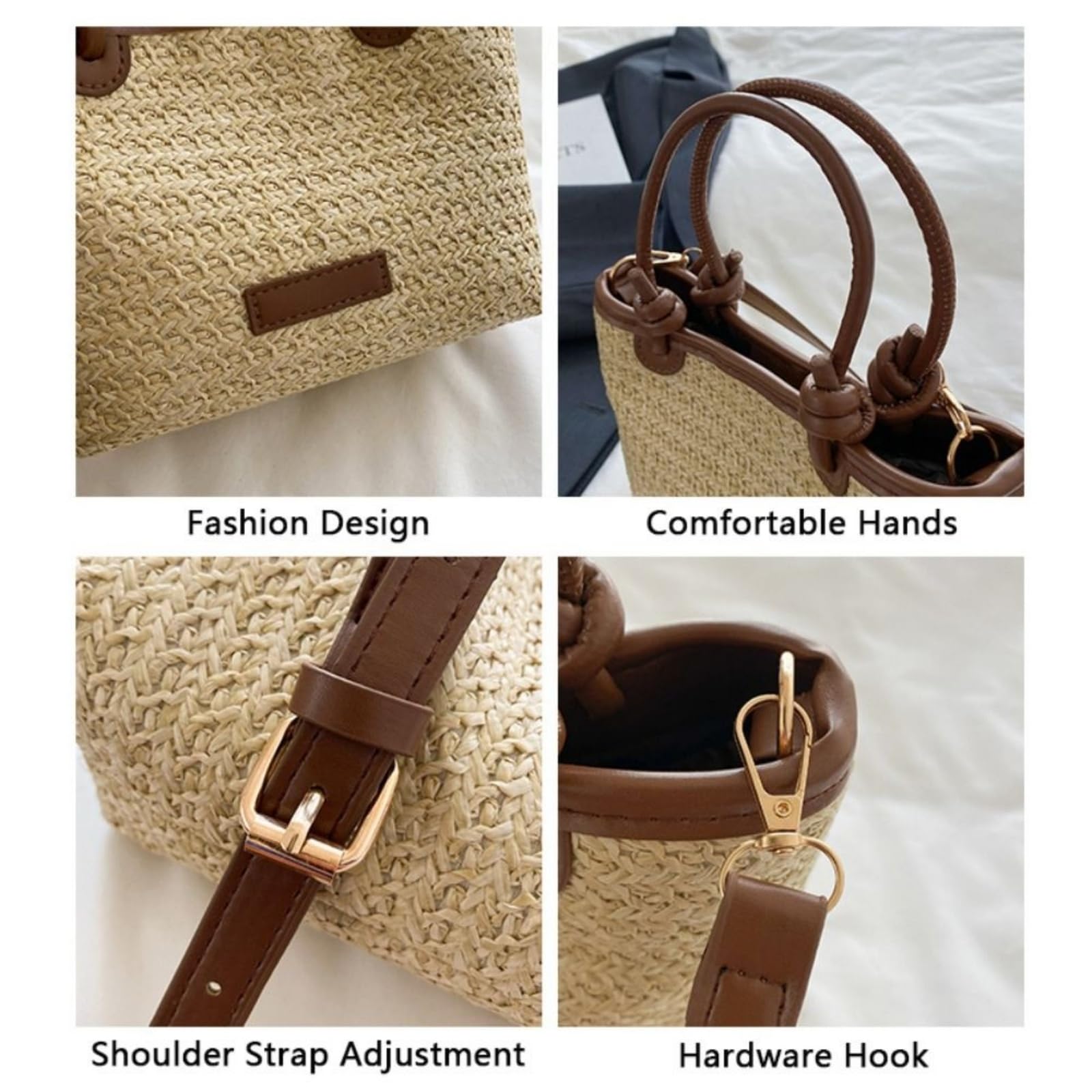 Kosmetiktasche Frauen Gewebt Stroh Tasche Crossbody Tote Handtasche Retro Korb Schultertasche Sommer Urlaub Tasche-beige