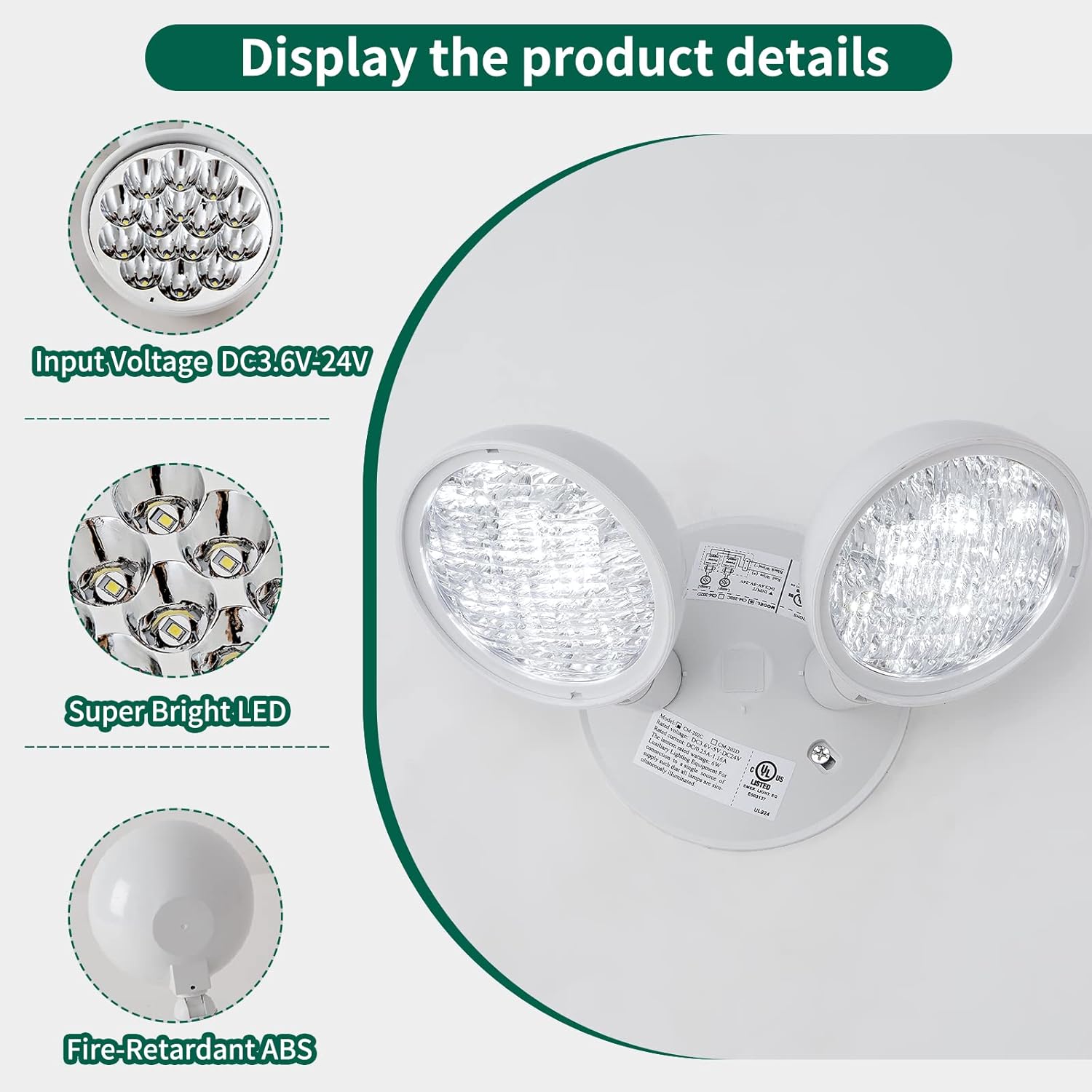 TANLUX Emergency Remote Head Lighting, 1 Pack Double Head Emergency Light, UL Listed, Multi Voltage 6V to 24 Volt Input, 2 by 3 Watts, 2 by 180 Lumen, White