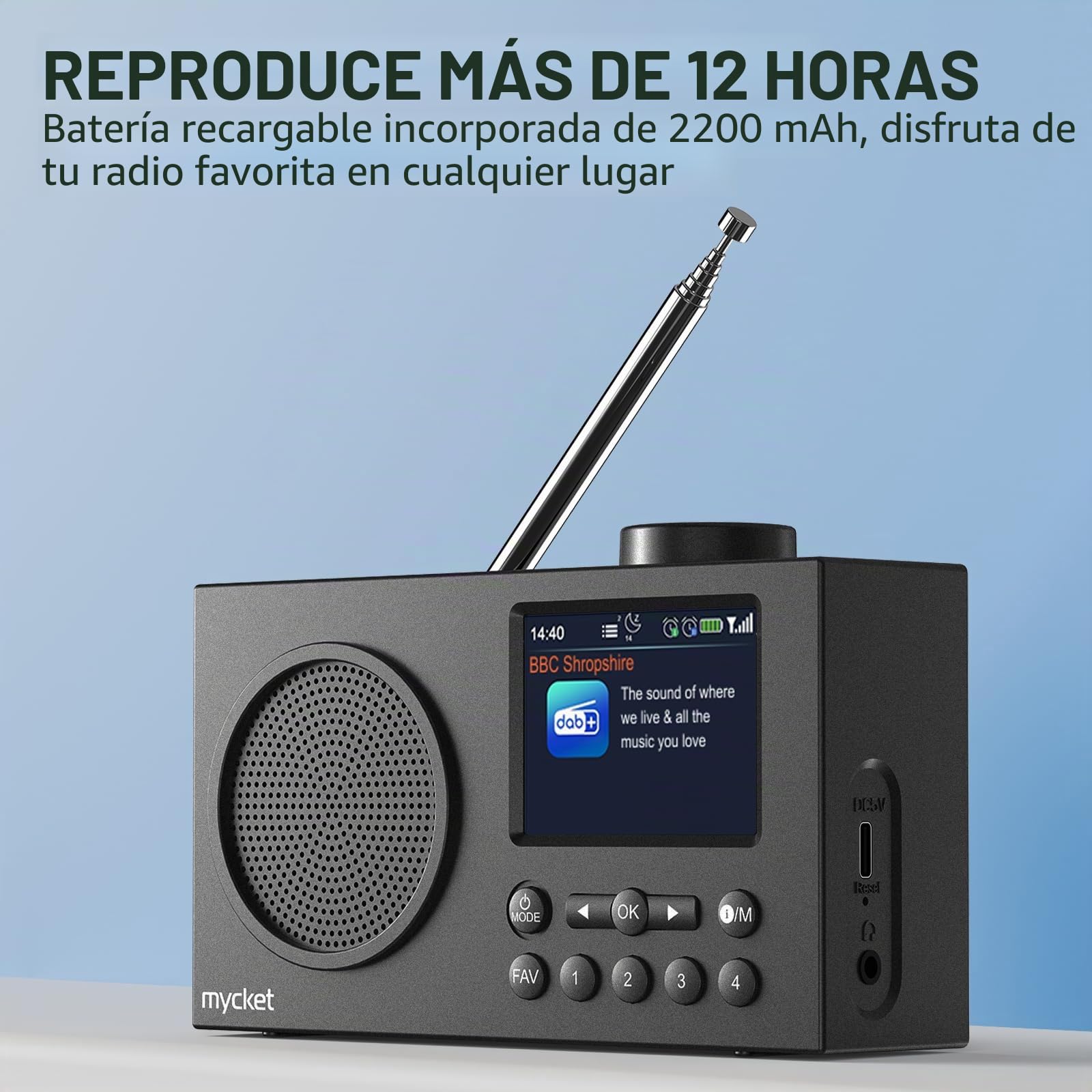 Mycket Dab Radio portátil, Dab Plus Digital Radios con la última tecnología de recepción de señal, Bluetooth 5.0, Radio FM Recargable por USB, Reloj de Alarma Dual, Temporizador de sueño, Pantalla