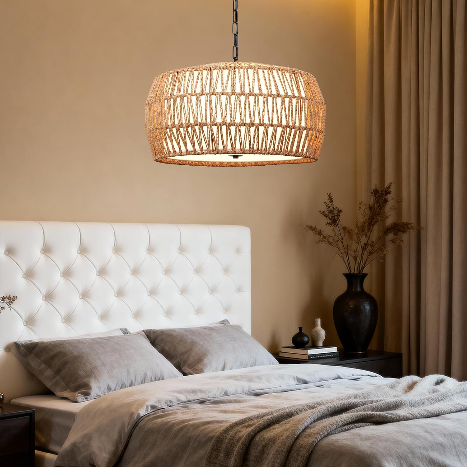 5-Light Farmhouse Rattan Chandelier with Fabric Shade, 18" Boho Woven Wicker Pendant Light for Living Room, Dining Room & Bedroom, Hand Woven Wicker Fixture (No Bulbs)