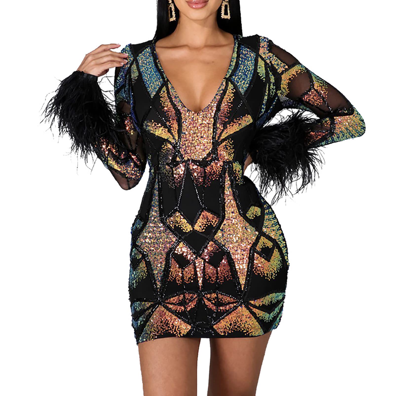 Vestido de Club Nocturno con Lentejuelas para Mujer, Vestido de Falda Corta de Manga Larga de Verano con Escote en V Profundo Vestido de Cóctel para Dama de Honor Vestidos de Graduación