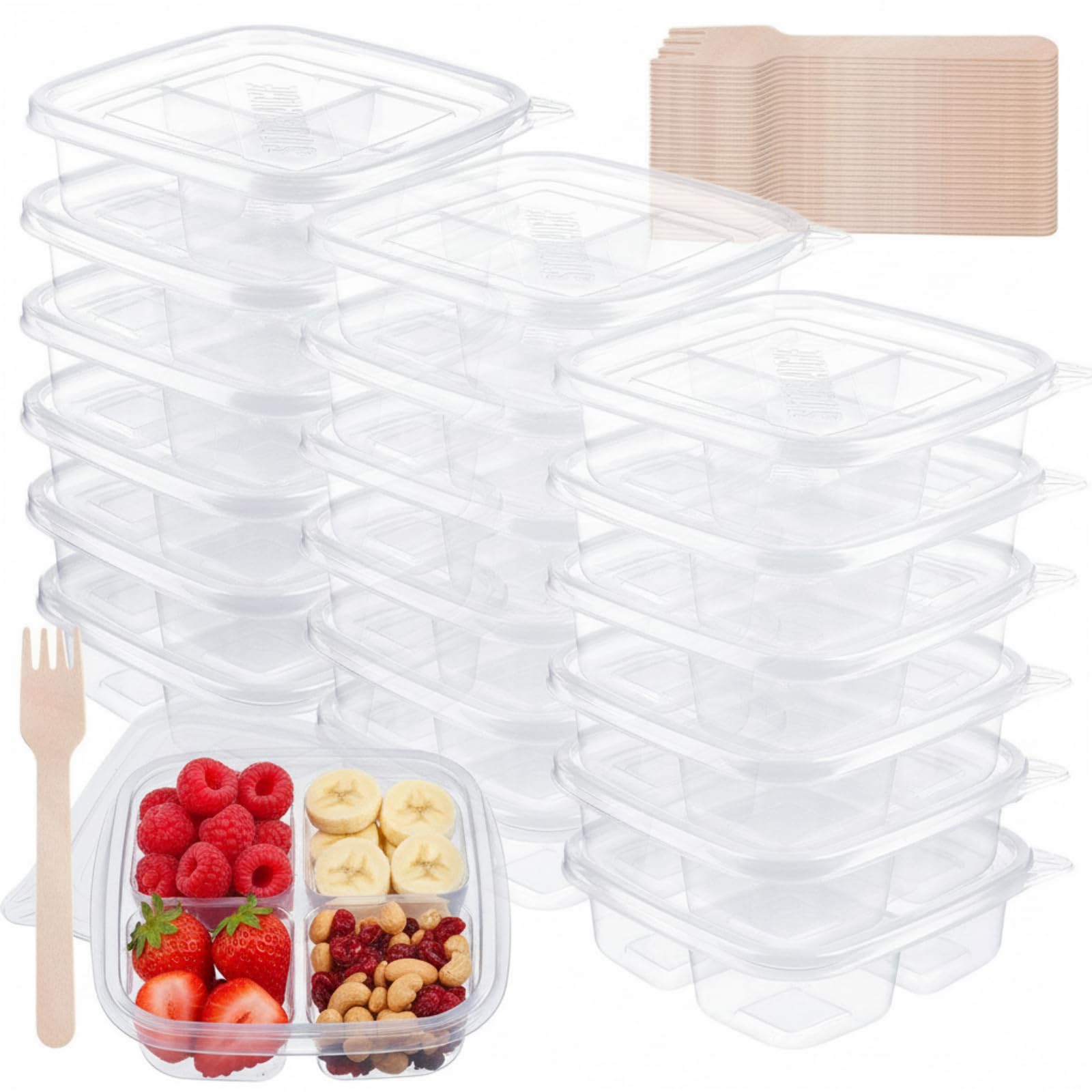 Dandat 50 Pcs Clear Plastic 4 Compartment Snack Containers Compartment Lunch Box with Lids Reusable Divided Snack Containers Clear Lunch Box with 50