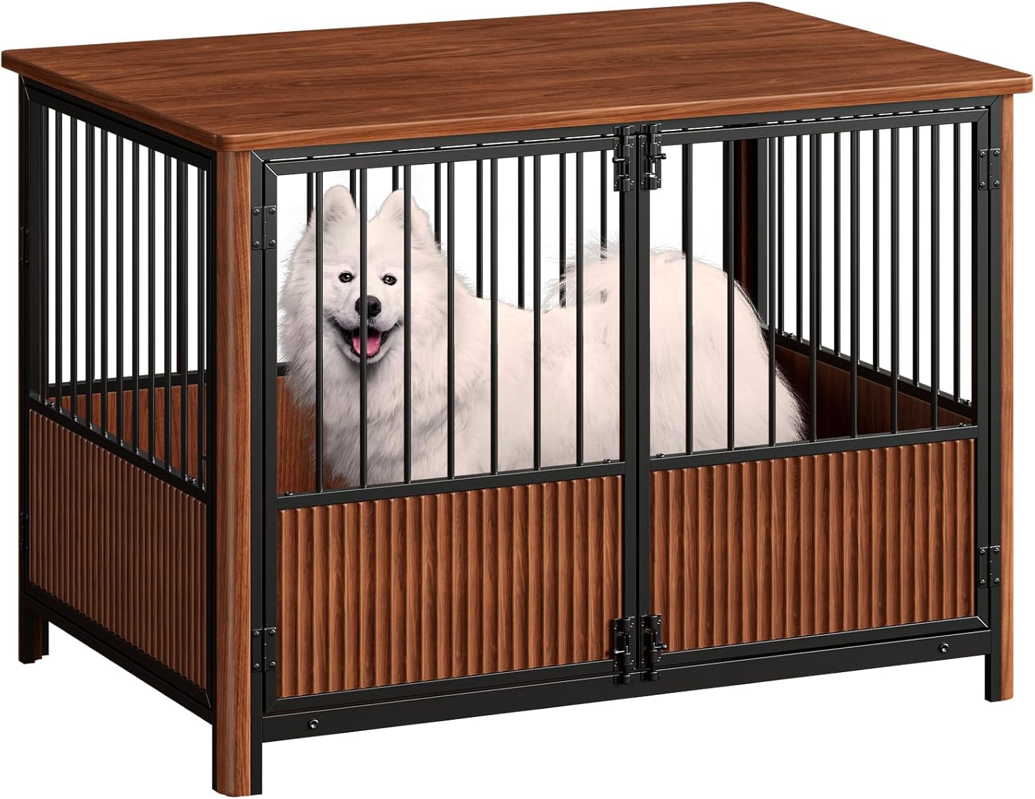 43'' XL Fluted Large Dog Crate Furniture with 3 Doors, Modern Indoor Decorative Dog Crate End Table, Wooden Dog Kennel Cage for Medium to Large Dogs, Walnut