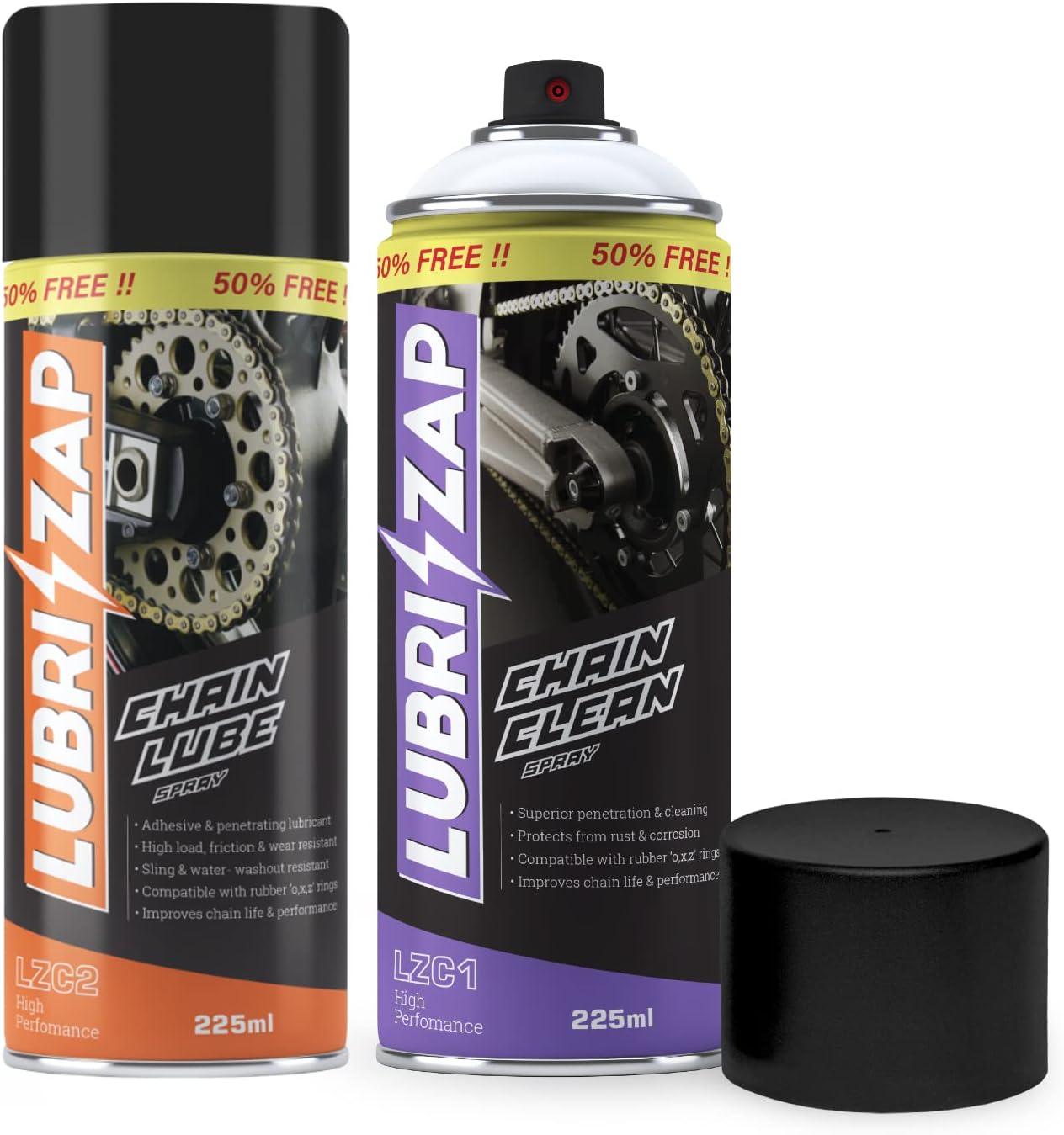 Shadow Securitronics Lubrizap Combo (Chain Cleaner + Chain Lube) 225 ml Lubricant Spray for All Bikes | Chain Lube Reduces Friction and Loss of Power|Chain Clean Prevents from Rust & Corrosion