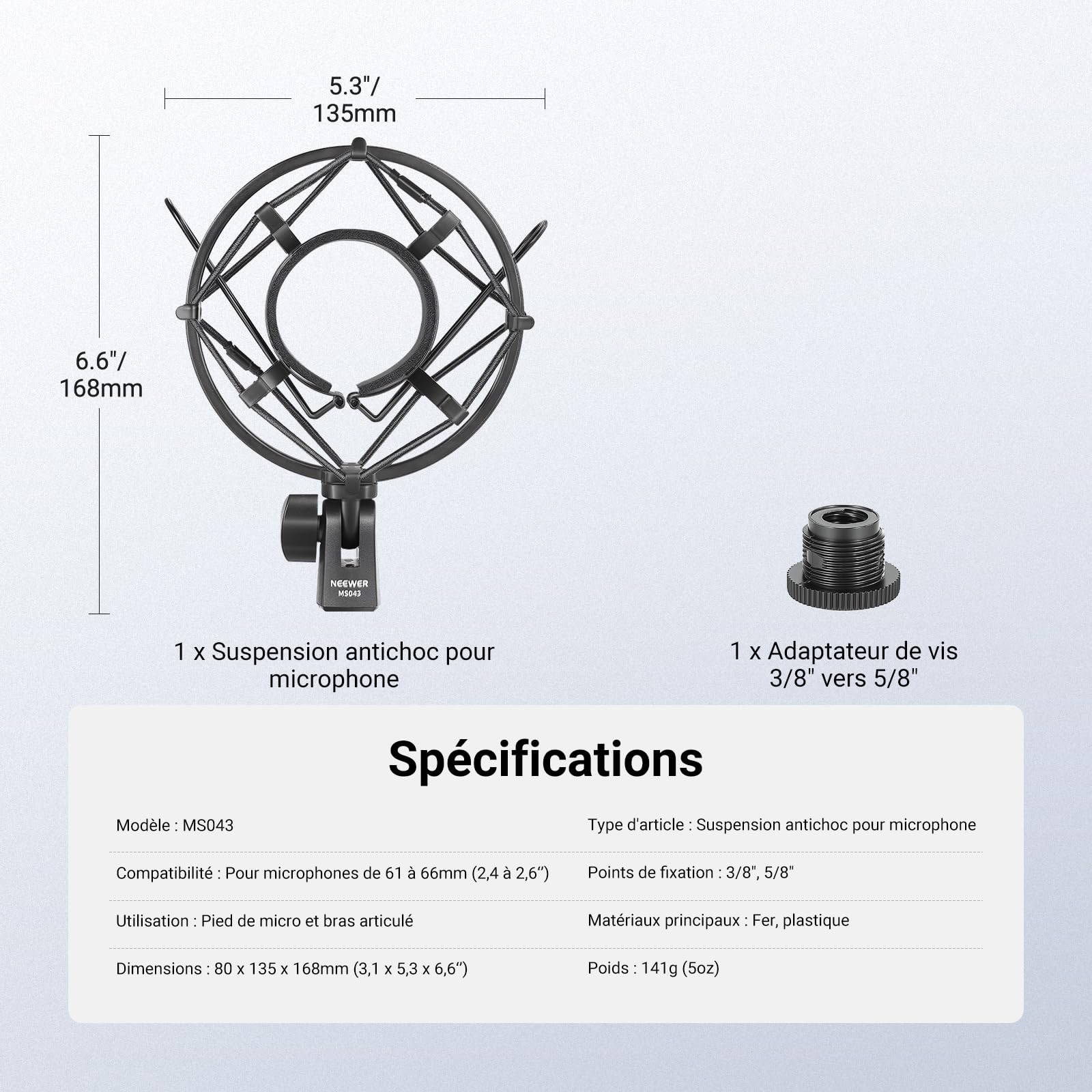 NEEWER Support Antichoc pour Micro,Fixation pour Pied et Boom Arm avec Cordons élastiques et Adaptateur à Vis 3/8" à 5/8", Compatible avec Microphone de 60 à 65mm de Diamètre (2,4" à 2,6"), MS043