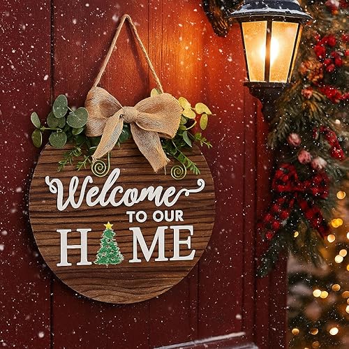 Miniatura 4 de Letrero de bienvenida de madera intercambiable para puerta delantera, decoración rústica de porche de granja, corona redonda de madera para todas