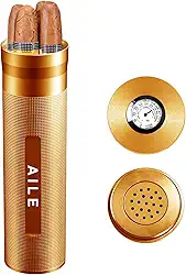 AILE Umidor de aço inoxidável para charutos, caixa de charuto, prata para viagem, tubo para 3 a 4 charutos, caixa de charutos portátil, higrômetro de charuto, ótimo presente para o amante (dourado)