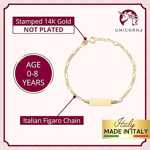 Miniatura 3 de UNICORNJ Pulsera de identificación de oro de 14 quilates grabable para niñas, niños y bebés, pulseras personalizadas con nombre de cadena Figaro