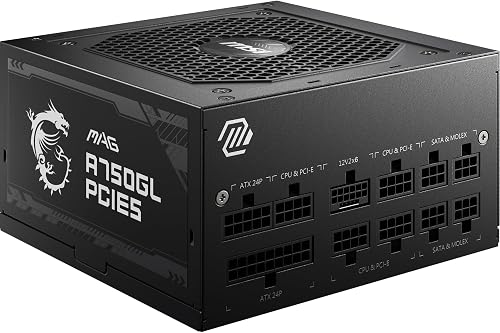 MSI MAG A750GL PCIE5 Alimentation, 750W, 80 Plus Gold, Entièrement modulaire, ATX 3.0, Support GPU PCIe 5.0, Ventilateur FDB 120mm, Full-Bridge LLC, câbles Plats Noirs - Garantie 7 Ans - 1