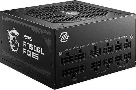 MSI MAG A750GL PCIE5 Power Supply Unit, 750W, 80 Plus Gold, Fully Modular, ATX 3.0, PCIe 5.0 GPU Support, 120mm FDB Fan, Full-Bridge LLC, Flat Black Cables - 7 Year Warranty