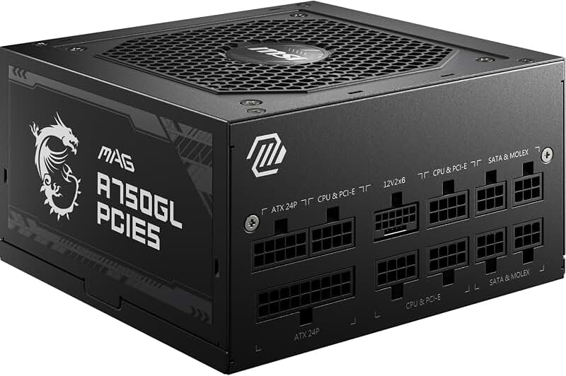 MSI MAG A750GL PCIE5 Alimentation modulaire ATX 3.1, 80 Plus Gold | 750W, compatible PCIe 5.0, ventilateur FDB 120mm, Full-Bridge LLC, câbles plats noirs, garantie 7 ans