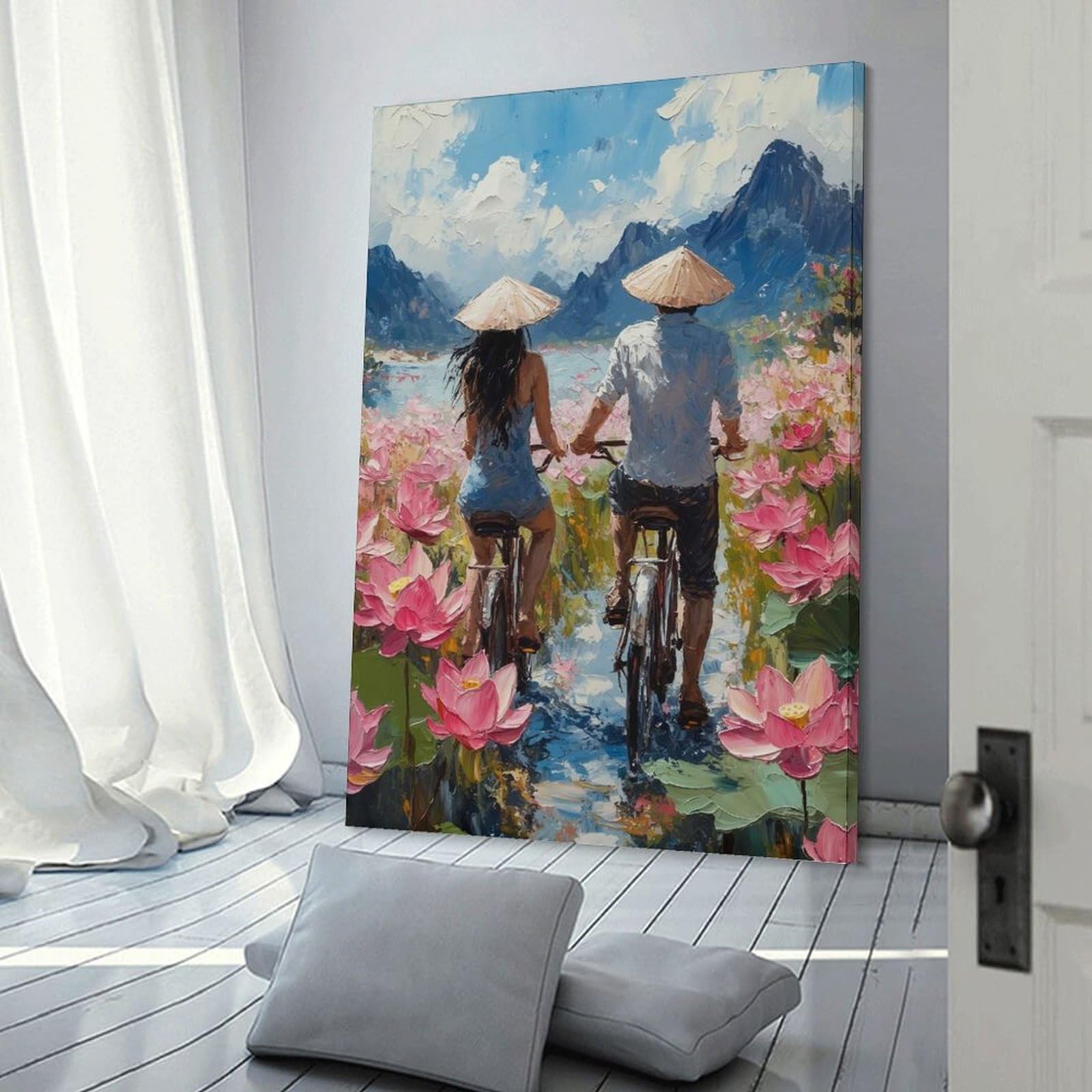 Junmoney Frame-Style-18 Hanging Wall Art Couple Cycling Through Lotus Field Painting, 08X12inch(20X30cm), For Entryway, Lounge Links Or Small Walls, A Neat Decor Update For Hallways