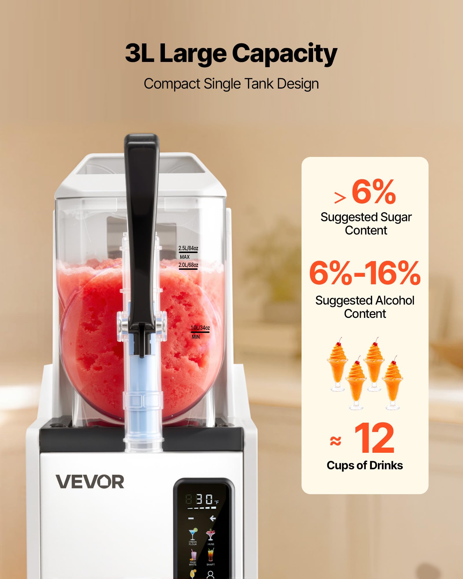VEVOR Macchina per Granite 1 x 3 L 350 W Serbatoio Singolo Macchina per Bevande Ghiacciate Succo Fredde Cocktail con Funzione Autopulente per Preparazione Frappé, Milkshake, Frullati