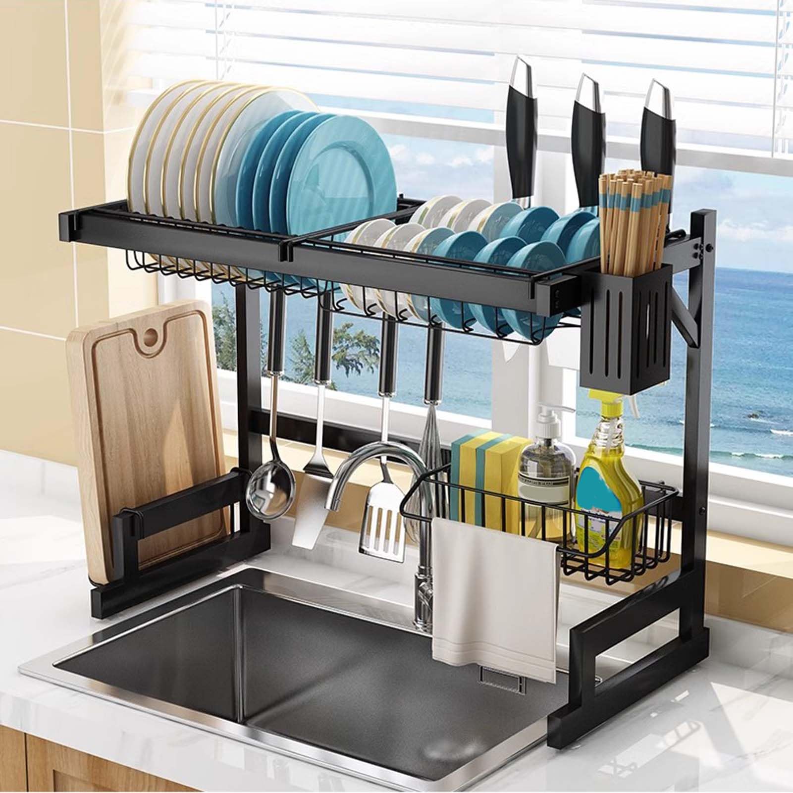 Escurridor de Platos para encimera de Cocina sobre el Fregadero, 90 x 30 x 50 cm, escurridor de Platos Negro sobre el Fregadero, escurridor de Acero Inoxidable para Cocina, Estante organizad