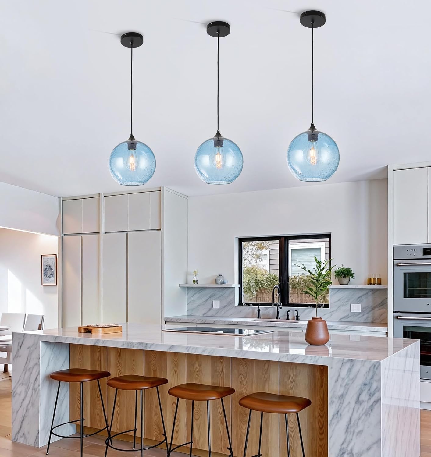 Farmhouse Modern Pendant Light Fixture Lantern Lamp with Hand-Blown Glass Globe for Kitchen Island, Dining Room, Bedroom (Blue)