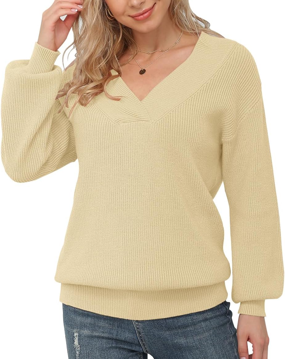 Feiersi Women's Off Shoulder Sweater Long Sleeve Loose Tops V-Neck Pullover Knit Jumper - Image 4