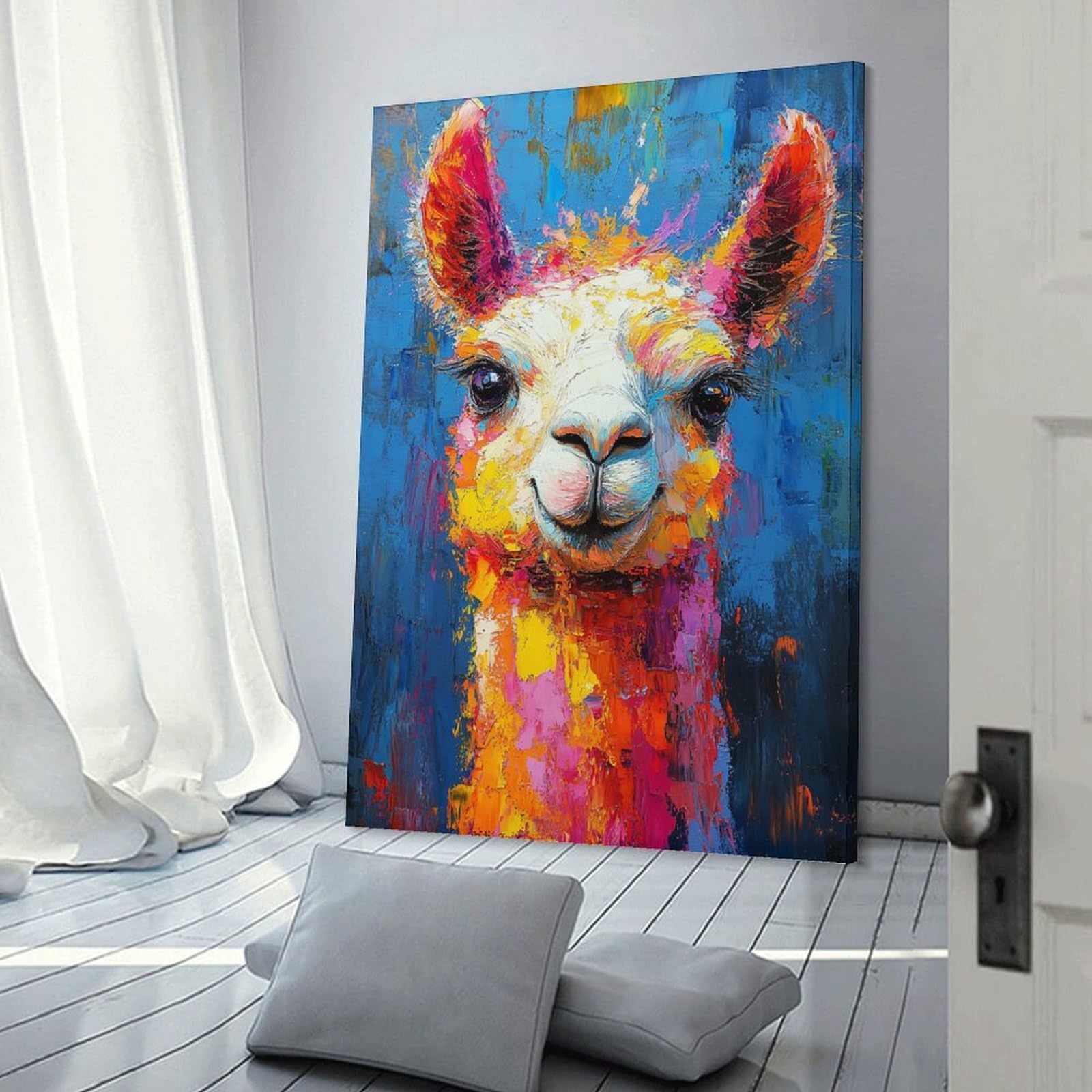 Junmoney Frame-Style-11-1 Canvas Wall Decor Colorful Llama Portrait Painting, 20X30inch(50X75cm), For Flats, Guest Rooms Or Compact Rooms, Wall Decor With Flexible Room Appeal