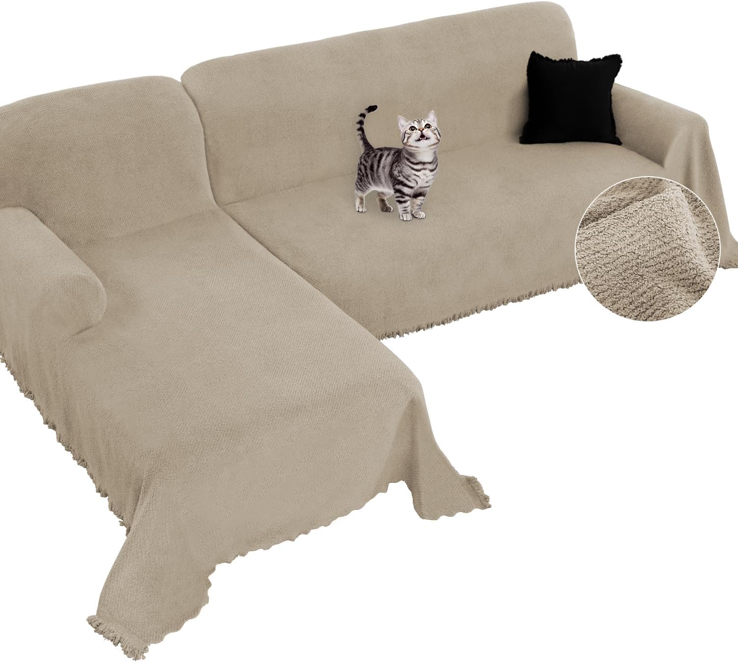 Arfntevss L Shape Couch Covers for Sectional Sofa Plush 2 Piece Chaise Sofa Cover Washable L Shaped Sectional Slipcovers with Tassel Super Soft Thick Fleece Dog Furniture Protector (X-Large, Khaki)