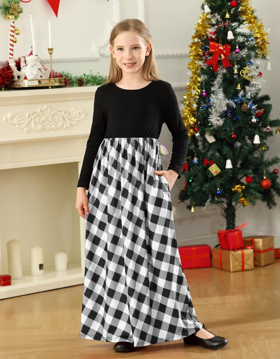 KYMIDY Girls Maxi Dress Kids Buffalo Check Plaid Long Sleeve Casual Dresses with Pockets for Girls 6-14 Years - Image 2