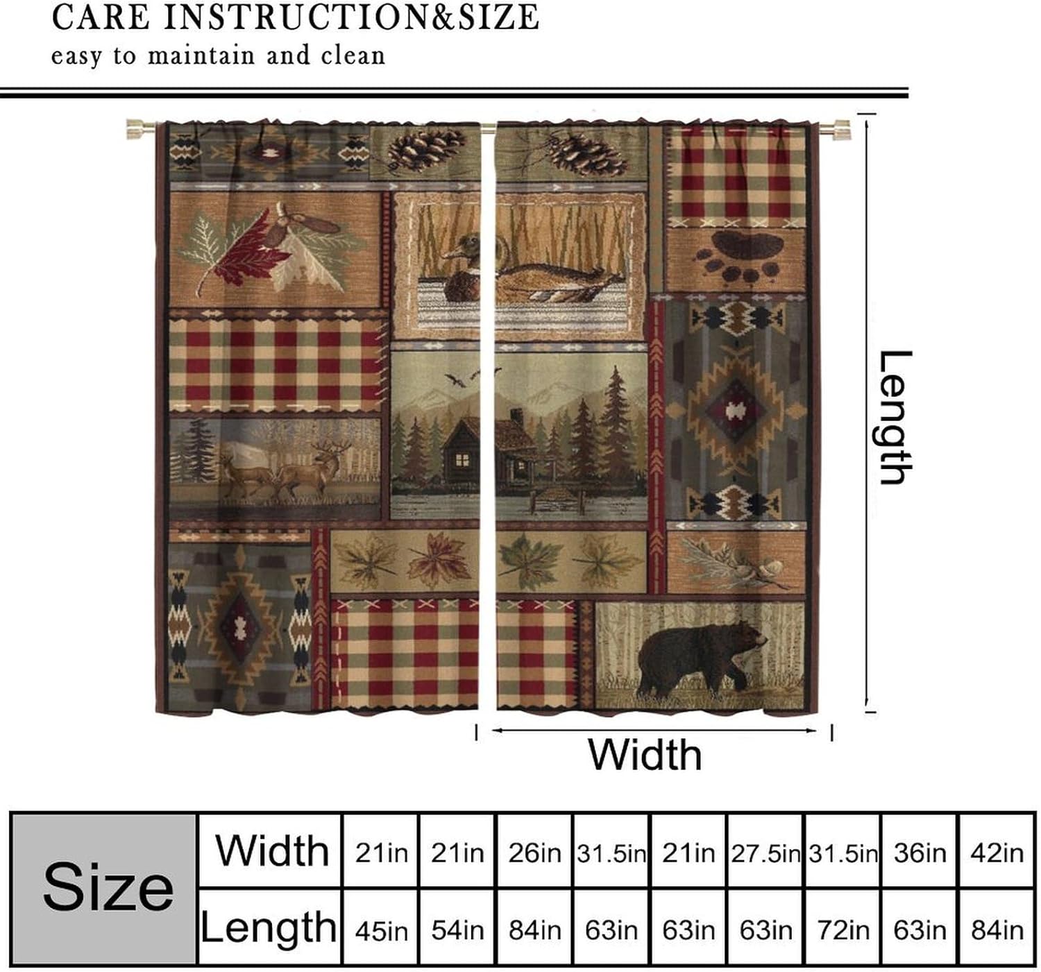 Rustic Cabin Curtain, Country Lodge Bear Deer Wildlife Fall Forest Animal Pattern Blackout Window Treatments, Rod Pocket Thermal Insulated Drapes 2 Panel Sets for Bedroom Living Room, 42"W X 45"L