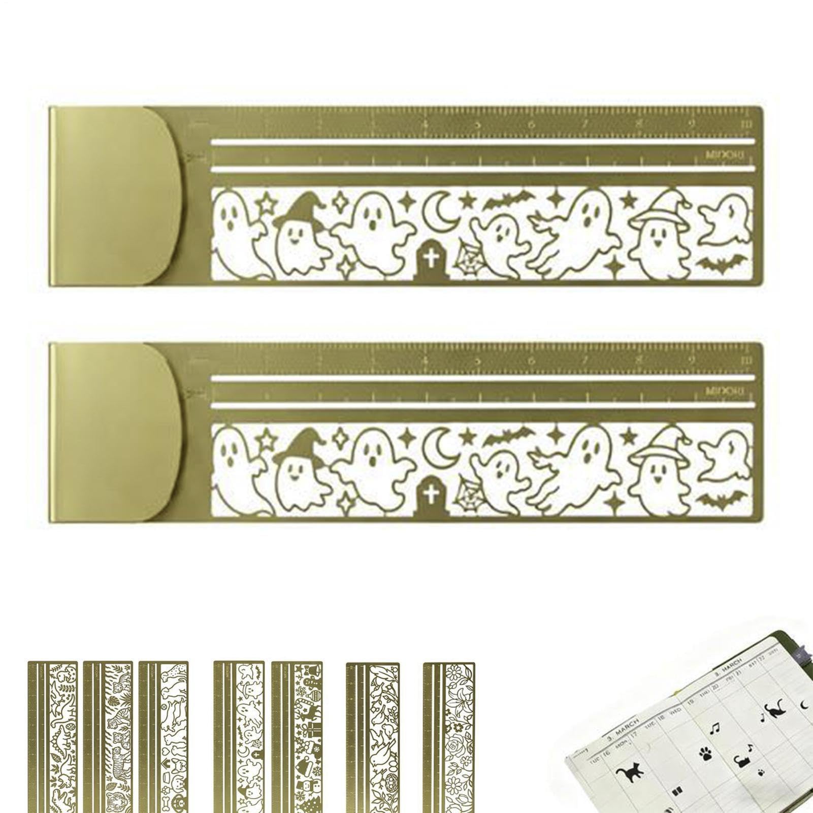 2PCS Brass Clip Ruler, Cute Hollow Ghosts Metal Stencil Bookmark Ruler